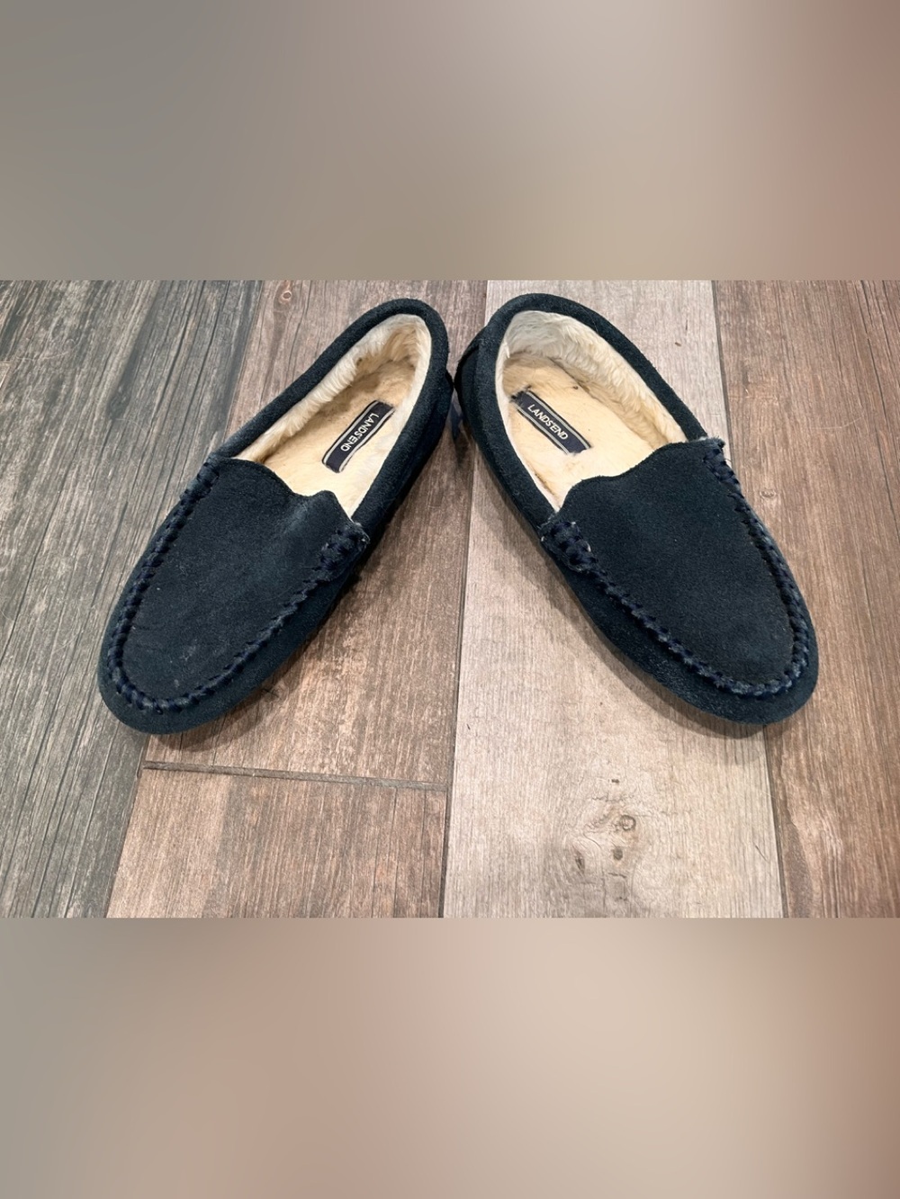 Land's End Fuzzy Lined Suede Moccasin Slippers Radiant Navy Sz 7 Women